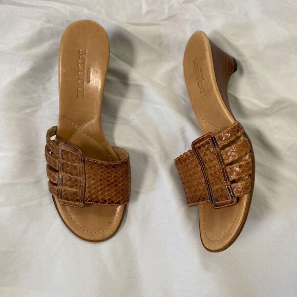 Tan Brown Braided Open Toe 90s Euro Leather Block Wedge Heels Sandals 6.5 - Picture 2 of 8